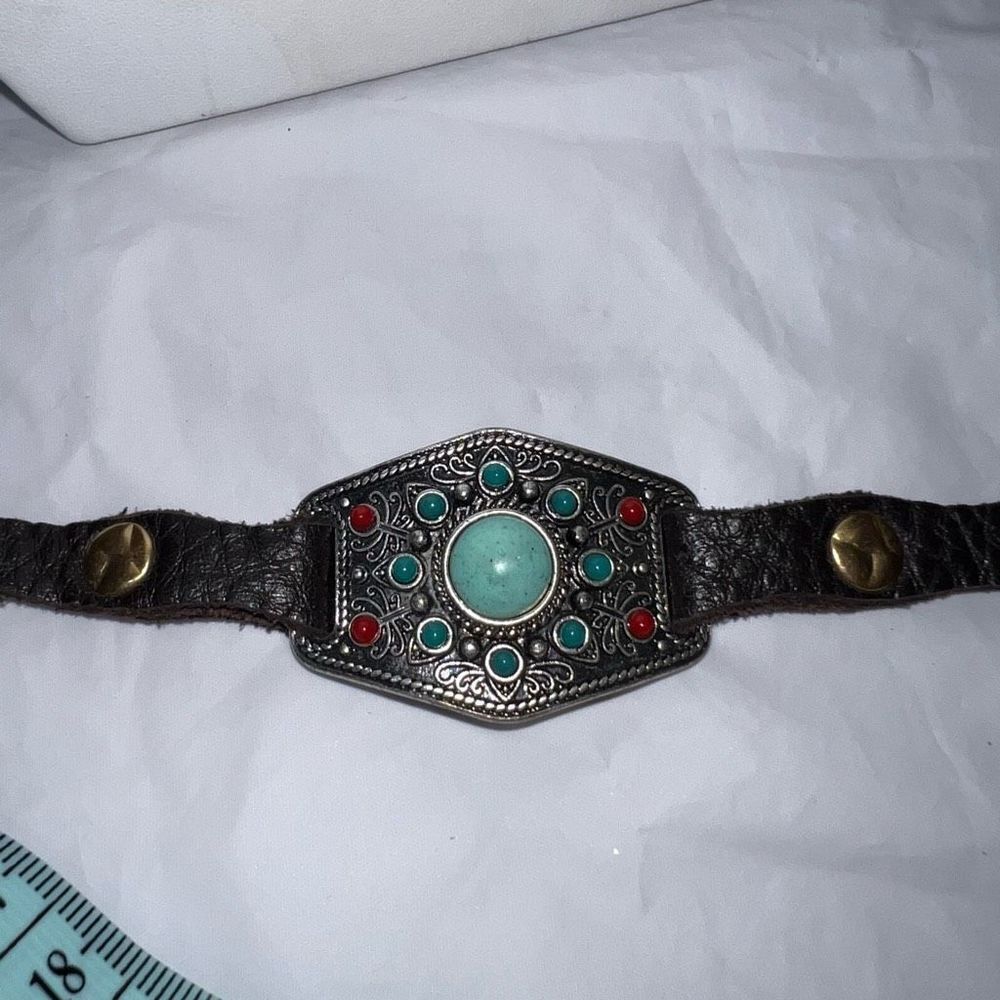 Signed Lucky Brand Native Silver Tone Bracelet Faux Leather Beaded Adjustable Bu